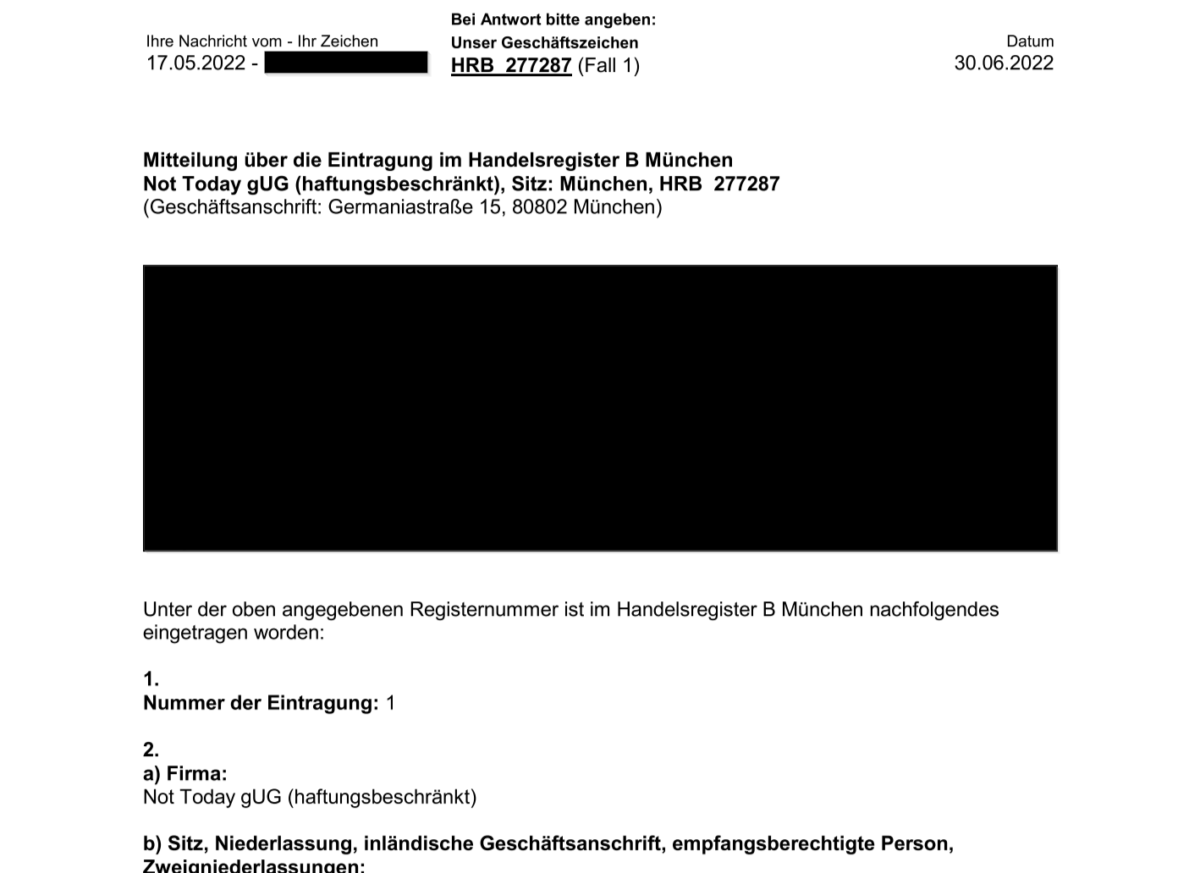 Auszug aus der Registermeldung zum Not Today gUG (haftungsbeschränkt)